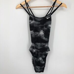 Nike Womens One‎ Piece Swimsuit Size 4 Gray Abstract Strappy Open Back